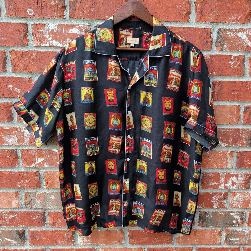 Perte d'ego Silk Button Down Mens L Black Vintage Matchbox Print Shirt